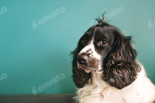 Preview: Sad portrait of black and white Russian Spaniel sitting on green baclground.