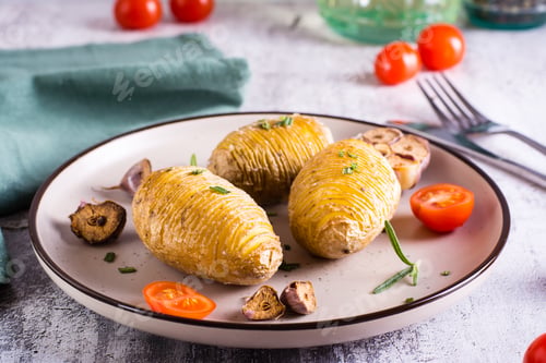 Preview: Delicious homemade baked hasselback potatoes with garlic and rosemary on a plate.