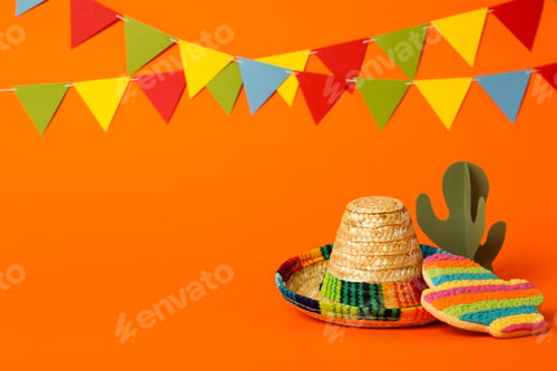 Preview: Mexican symbol cactus and sombrero on colored background
