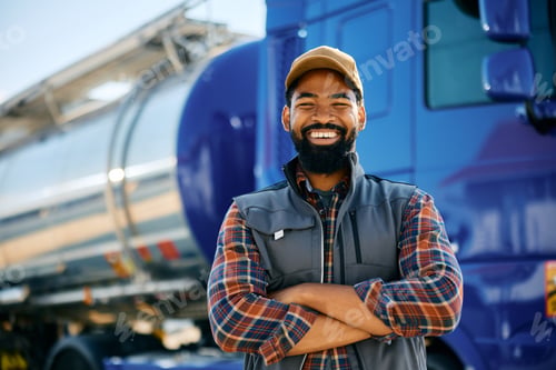 Preview: Happy black truck driver with arms crossed looking at camera.