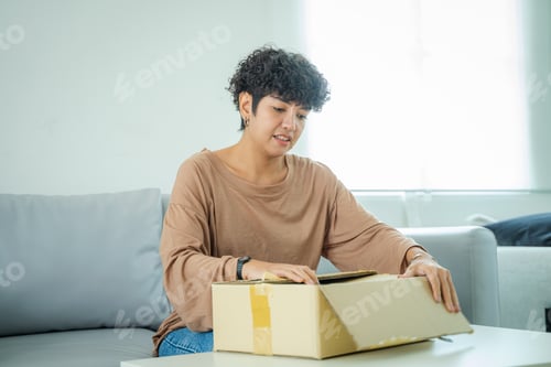 Preview: Asian business woman checking customer order online shipping boxes at home.