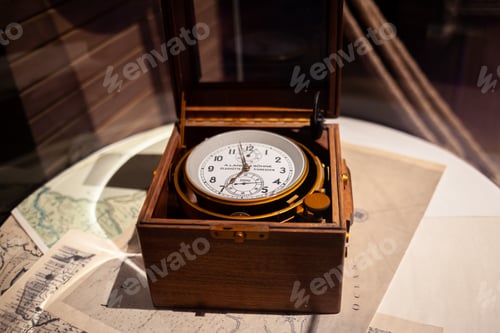Preview: 29.11.2022, Moscow. An old marine chronometer in a wooden box