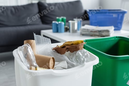Preview: Plastic and paper trash in can at home