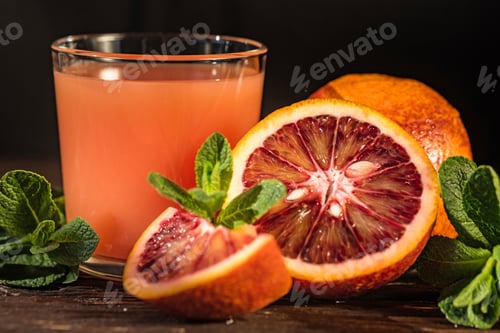 Preview: Glass of fresh blood orange juice, selective focus