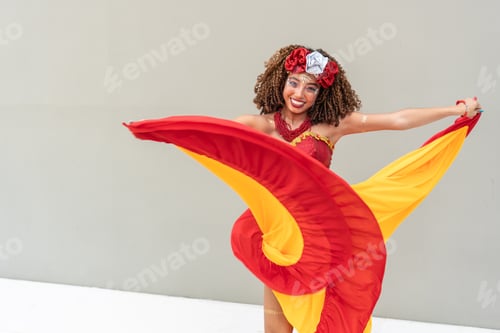 Preview: Smiling Woman Dancing with Flowing Colorful Dress