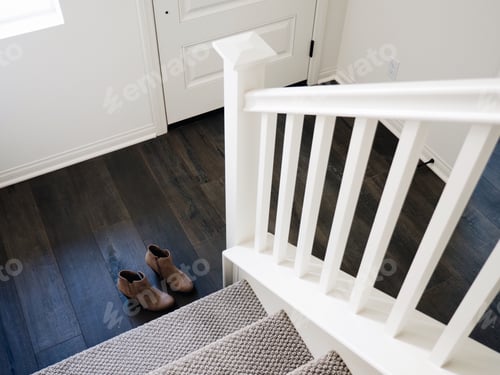 Preview: Home bright white clean simple minimal stairwell shoes front door threshold doorstep stairs boots