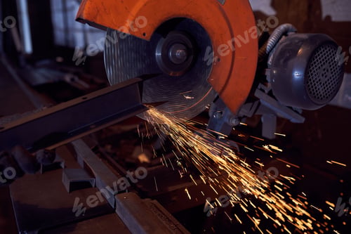Preview: Metal sawing. Hot sparks at grinding steel material.