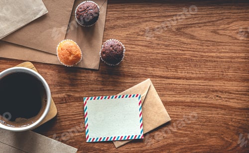 Preview: Vintage composition with envelopes on wooden background, flat lay.