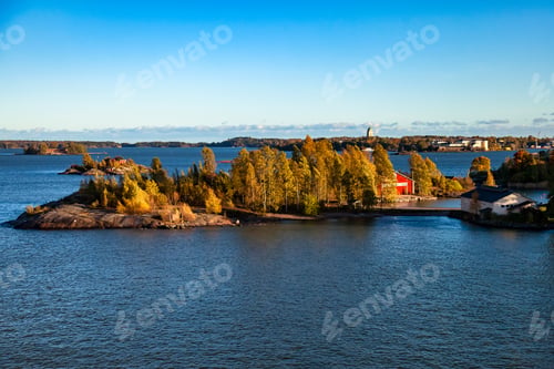 Preview: Aerial landscape of archipelago of islands with buildings in Gulf of Finland
