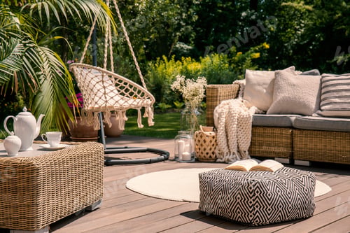 Preview: Pouf on wooden terrace with rattan sofa and table in the garden
