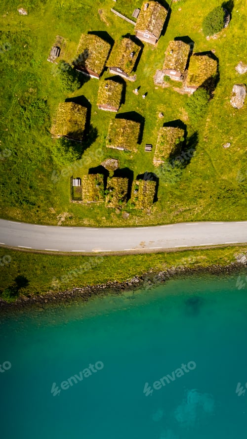 Preview: Norwegian Village of Grass-Roofed Houses by the Lake, lovatnet lake Lodal valley Norway