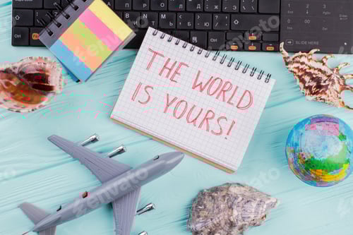 Preview: World Travel Concept with Airplane Globe and Keyboard