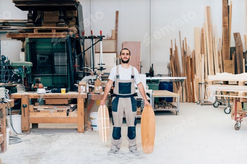 Preview: Man in workshop with skateboards