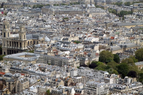 Preview: Aerial view of Paris cityscape with Saint-Sulpice Church.