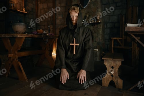 Preview: Medieval monk praying to God looking upward in monastery