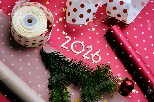 Visualização: Fundo vermelho de Ano Novo de 2026. Número do próximo ano na decoração de Natal.