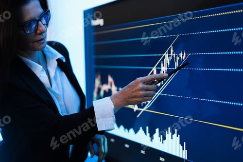 Preview: Business woman explaining trading strategies inside bank meeting room