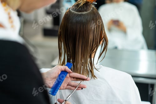 Preview: Rear View of young women look at mirror, get haircut from hairdresser.