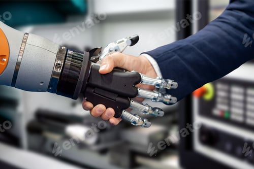 Preview: Hand of a businessman shaking hands with a Android robot.