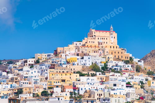 Preview: Ermoupolis town, Greece. A town on the side of a mountain. Houses and streets in Greek architecture.