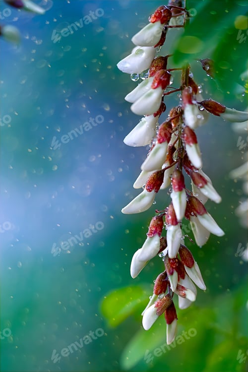 Preview: Unopened buds of white acacia in dew drops