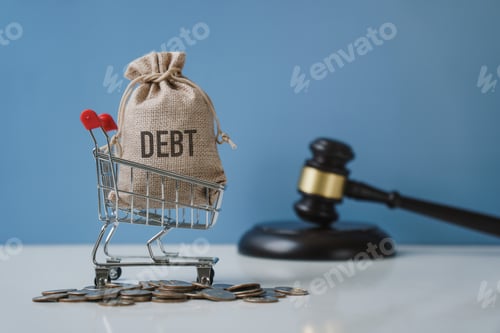 Preview: Debt. Money bag and shopping trolley with the hammer of the judge. Concept of financial crisis.