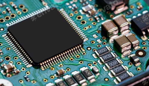 Preview: Closeup of an electronic circuit board, featuring a variety of electronic chips and microcircuits