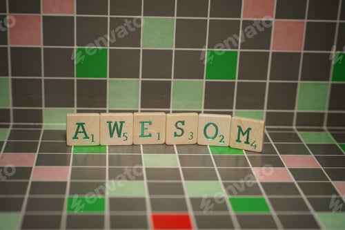 Preview: Tile with green awesome text on a blocked background