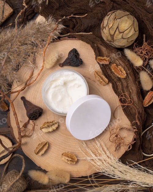 Preview: Opened cream jar with blank lid on wood near natural decorations top view. Packaging Mockup