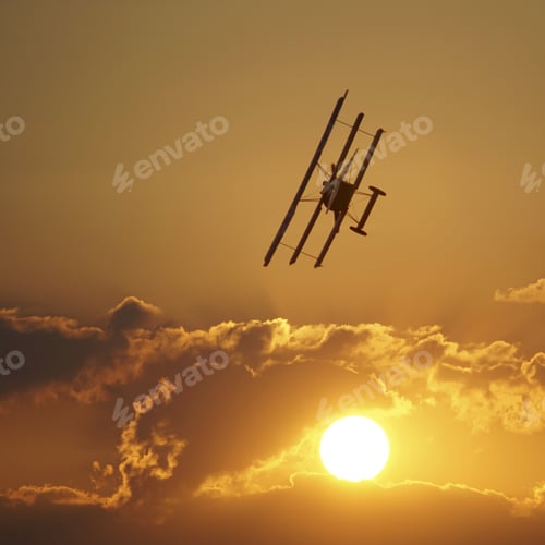 Preview: Fokker DR I plane in the sky during the orange sunset