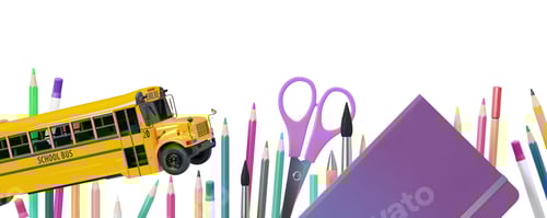 Visualização: Papelaria escolar colorida, suprimentos isolados em fundo branco. Borda inferior.