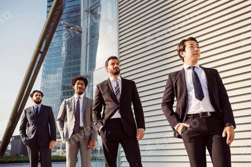 Preview: Confident business team standing tall in an urban setting.