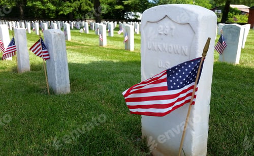 Preview: Graves of unknown soldiers in a Veteran's cemetery decorated with American flags