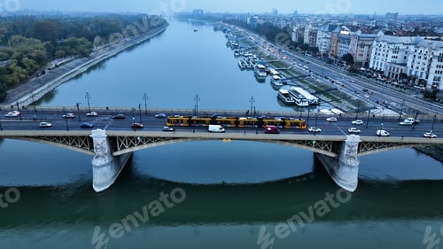 Preview: Aerial view of Budapest Margaret Bridge or Margit hid over River Danube, Hungary