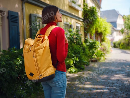 Preview: Tourist woman enjoys historic charm of Hochst near Frankfurt