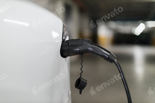 Preview: E-car back part with charging cord in port in parking lot