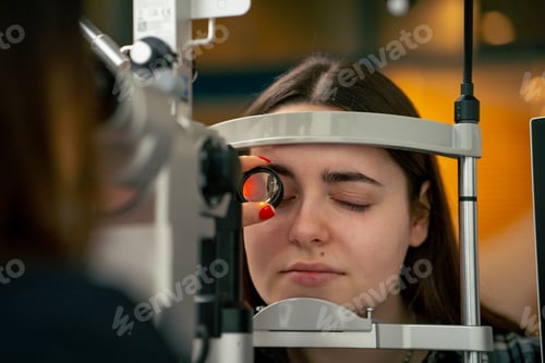 Preview: in an ophthalmology clinic young doctor diagnoses a young girl with a magnifying lens