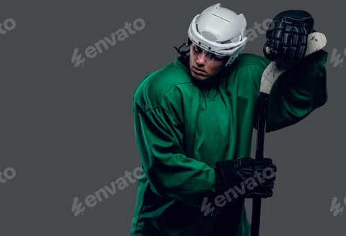Preview: Hockey player holds gaming stick.
