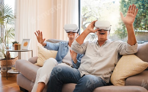 Preview: Virtual Reality, excited and senior couple with vr 3d goggles have fun, crazy and play digital game