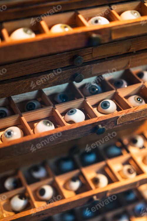 Preview: Wooden case filled with artificial eyes