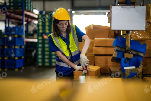 Preview: Warehouse worker folding paper box for packing the items in a large warehouse