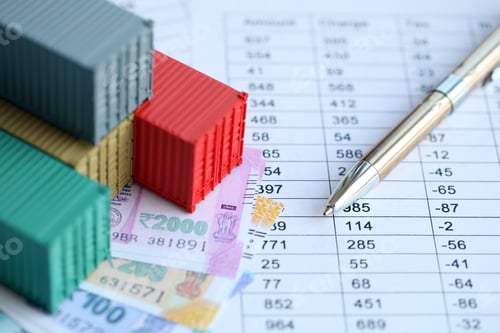 Preview: Company shipping cargo containers in India with rupees money bills and pen