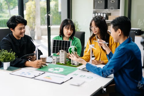 Preview: Asian professionals collaborate on sustainable energy solutions with wind turbines, solar panels,