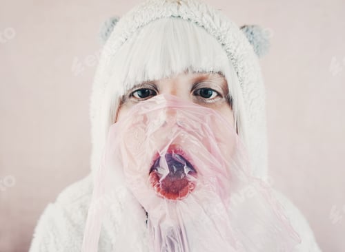 Preview: Crazy portrait of a young woman in pink and white