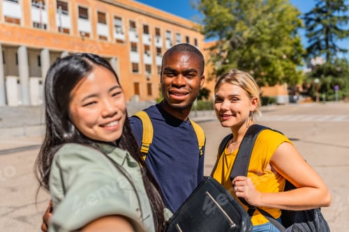Preview: Chinese woman taking selfie with university colleagues at campus