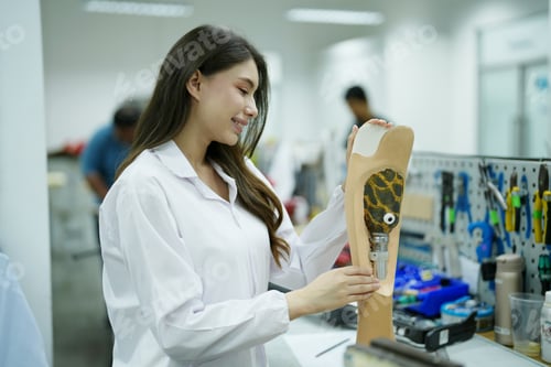 Preview: Orthopedic technician making prosthetic leg for disabilities people in workshop.