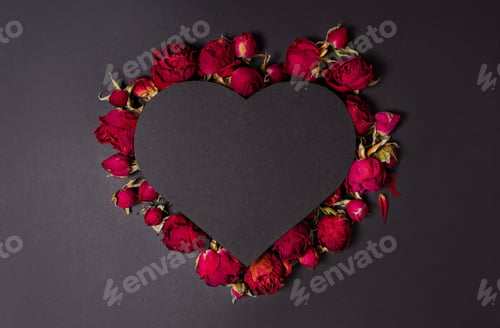 Preview: Dark heart with roses on a black background.Valentine's Day. Postcard, holiday greetings.