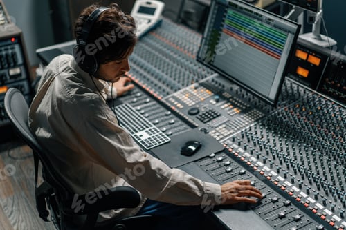 Preview: Sound engineer working in music studio with monitors and equalizer on screen mastering tracks