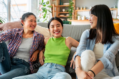 Preview: Happy beautiful chinese women friends bonding at home