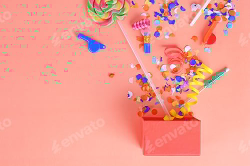 Visualização: Moldura de festa colorida com objetos de aniversário